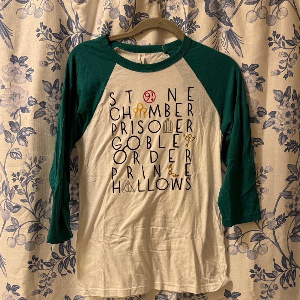 Bella Canvas Green & White Raglan Harry Potter Book Titles Tee with Gold Accents